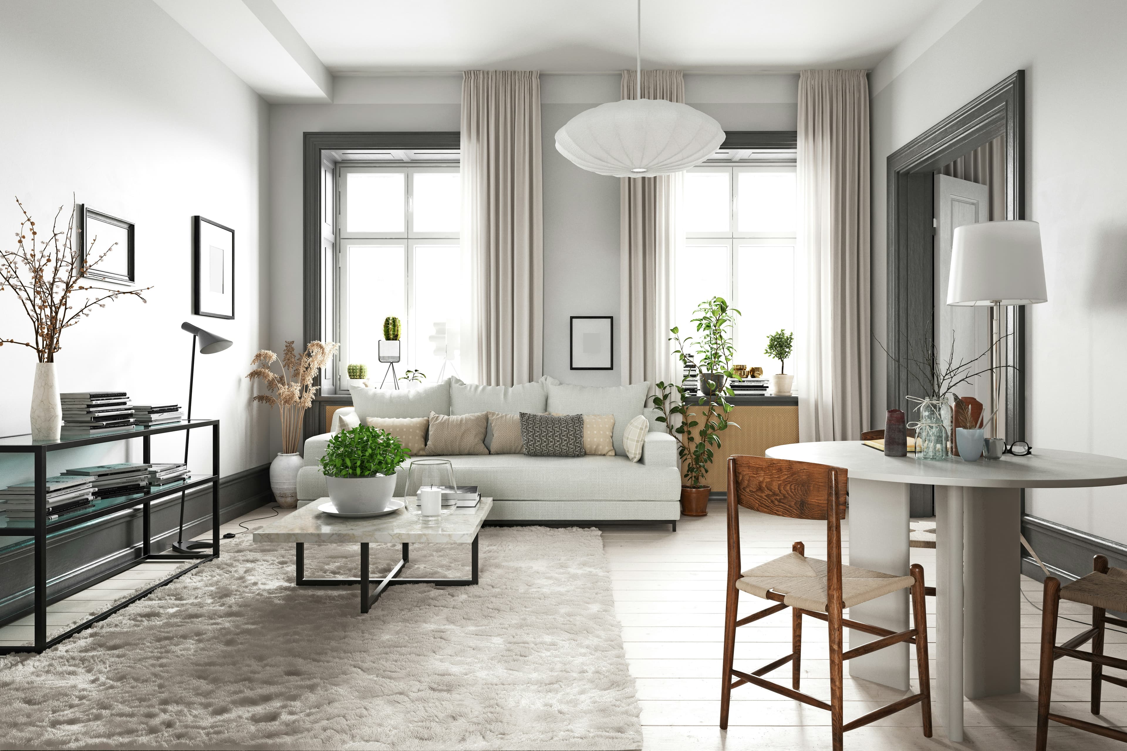 Living room with couch and coffee table in white and modern style